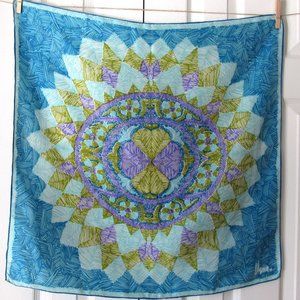 VERA NEUMANN Vintage Art Scarf 1960s Circle Flower Blue Purple Handrolled Japan